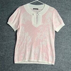 Michael Simon Pink White Floral Knit Top Short Sleeve Ribbed Neck Button Large